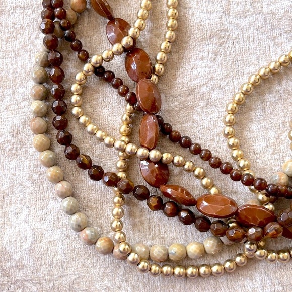 Multi-Strand Beaded Brown & Gold Tone Beaded Statement Necklace Adjustable - Picture 4 of 15